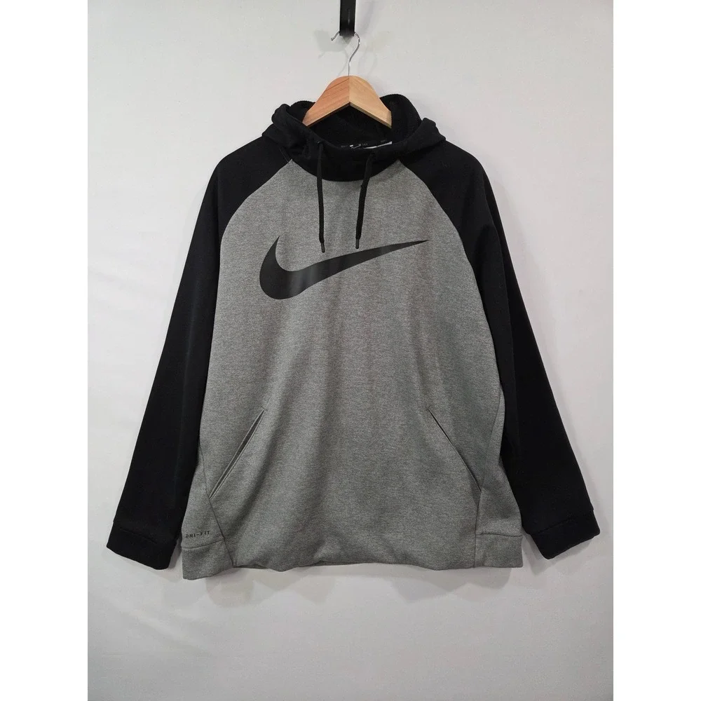 Nike Dri-FIT Therma Hoodie Mens XL Gray Black‎ Big Swoosh Pullover Sweatshirt